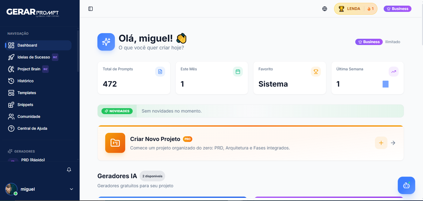Screenshot do sistema Gerar Prompt